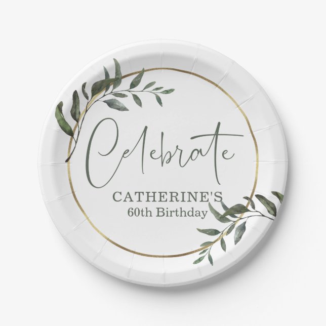 Elegant Greenery Gold Foil Celebrate Script Paper Plate (Front)