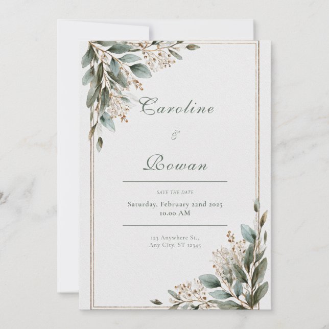 Elegant Greenery & Gold Frame Nature Wedding Invitation (Front)