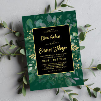 Elegant Greenery & Gold Geometric Frame Eucalyptus Invitation