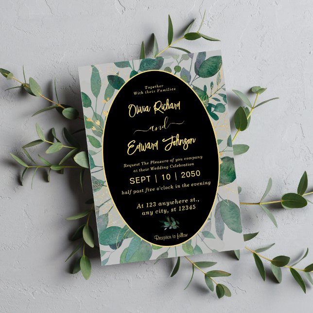 Elegant Greenery Gold Geometric Frame,Grey Wedding Invitation (Creator Uploaded)