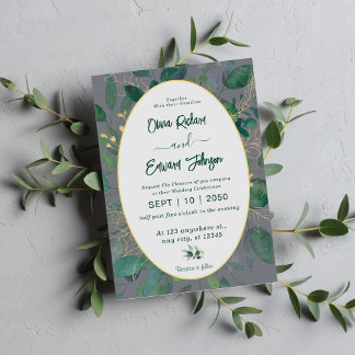 Elegant Greenery Gold Geometric Frame Grey Wedding Invitation