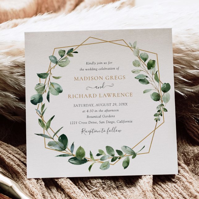 Elegant Greenery Gold Geometric Frame Wedding Invitation (Creator Uploaded)