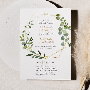 Elegant Greenery Gold Geometric Frame  Wedding Invitation