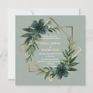 Elegant Greenery Gold Geometric Frame Wedding Invitation