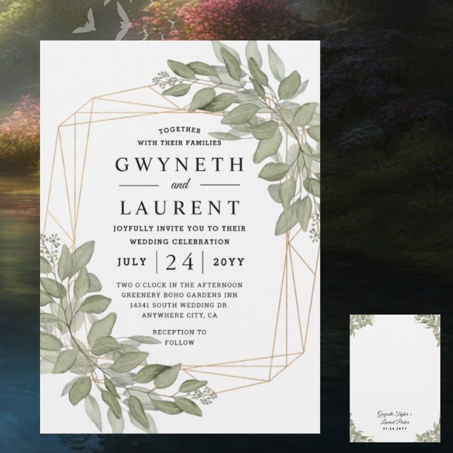 Elegant Greenery Gold Geometric Rustic Wedding Invitation (Creator Uploaded)