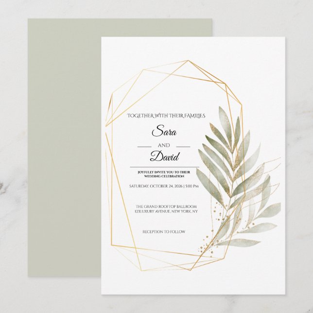 Elegant Greenery Gold Geometric Wedding Invite (Front/Back)