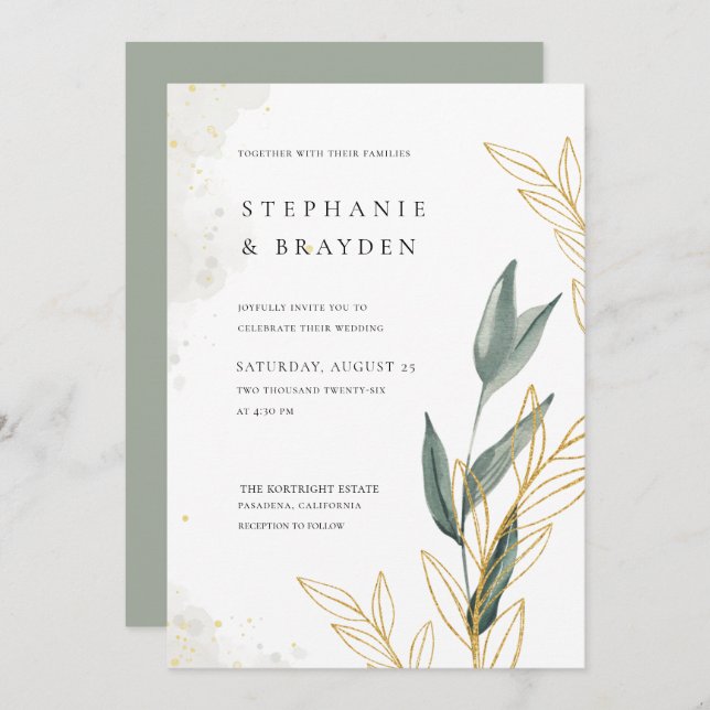 Elegant Greenery & Gold Leaves Watercolour Wedding Invitation (Front/Back)