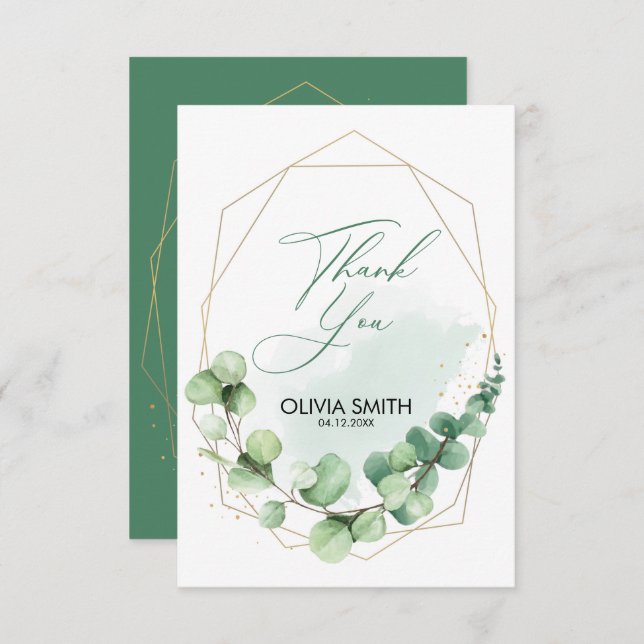Elegant greenery gold lines eucalyptus wedding thank you card (Front/Back)