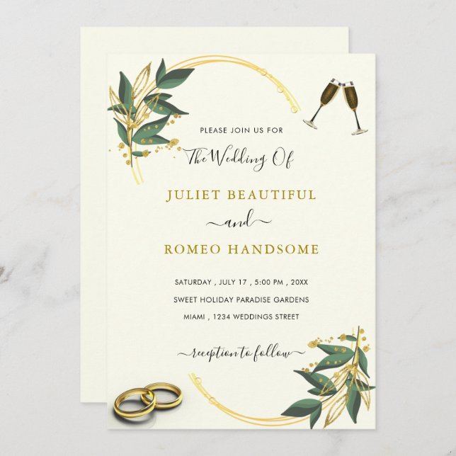 Elegant Greenery Gold Luxury Wedding Invitation  (Front/Back)