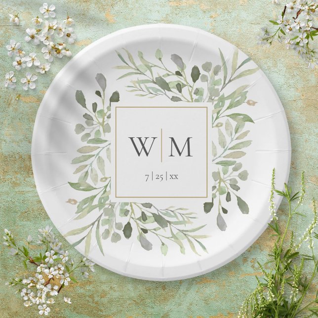 Elegant Greenery Gold Monogram Wedding Paper Plate (Creator Uploaded)