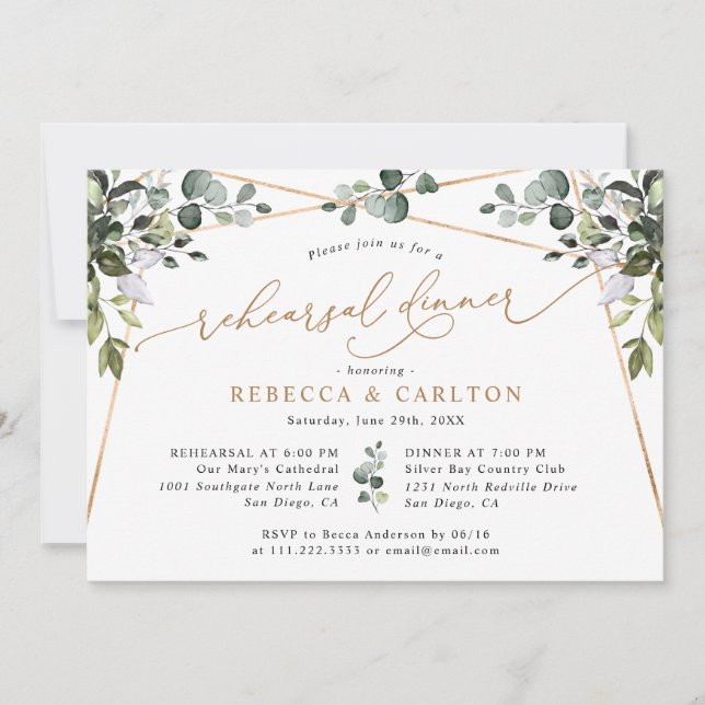 Elegant Greenery Gold Rehearsal Dinner Invitation (Front)
