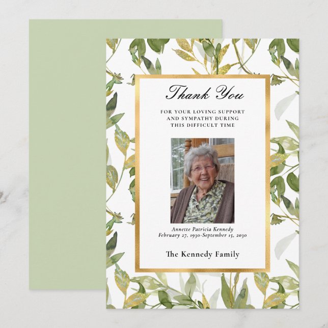 Elegant Greenery Gold Sympathy Thank You Card (Front/Back)