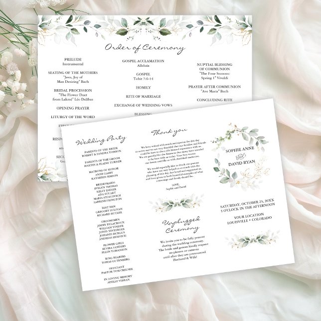 Elegant Greenery Gold Tri+Fold Wedding Program Flyer (Creator Uploaded)