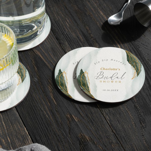 Elegant Greenery Gold Watercolor Bridal Shower Round Paper Coaster (Creator Uploaded)