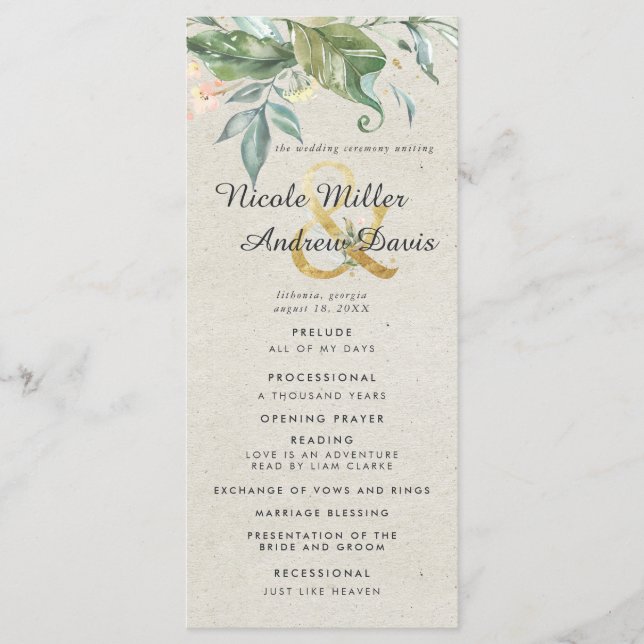 Elegant Greenery Gold Wedding Ceremony Program (Front)