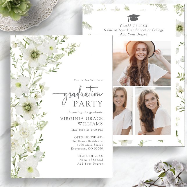 Elegant Greenery Graduation Party Invitation (Elegant Greenery Graduation Party Invitation with Photo Collage by Painted Paperie
)