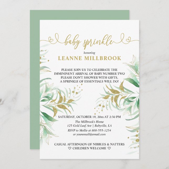 Elegant Greenery Green and Gold Baby Sprinkle Invitation (Front/Back)
