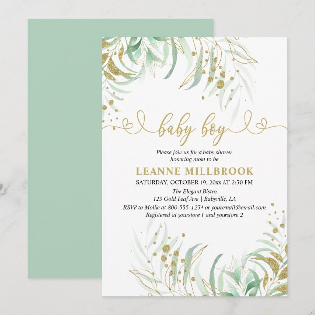 Elegant Greenery Green and Gold Boy Baby Shower Invitation (Front/Back)