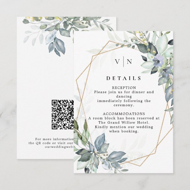 Elegant Greenery Green & Gold QR Code Wedding Enclosure Card (Front/Back)