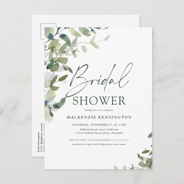 Elegant Greenery Handwritten Script Bridal Shower Invitation Postcard (Front/Back)