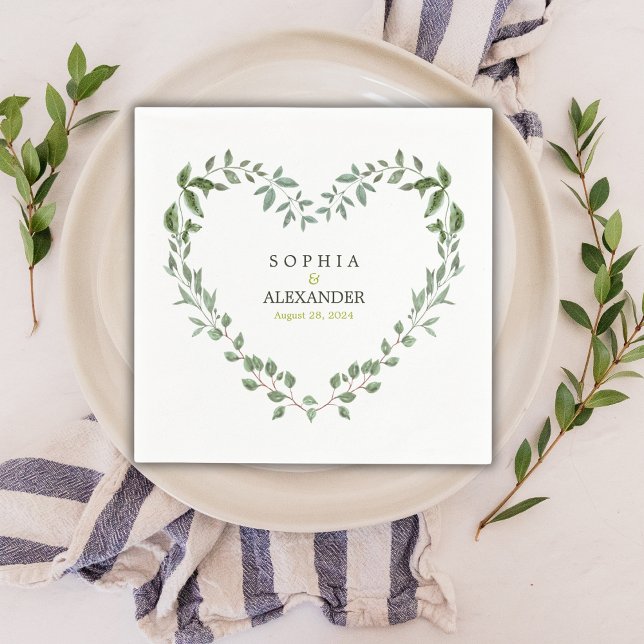 Elegant Greenery Heart Wedding Personalised Napkin (Elegant Greenery Heart Wedding Personalized Napkins)