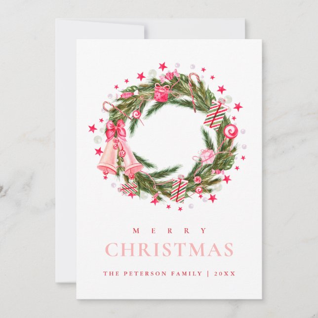 Elegant Greenery Holly Wreath Merry Christmas  Holiday Card (Front)