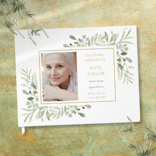 Elegant Greenery In Loving Memory Photo Funeral Guest Book