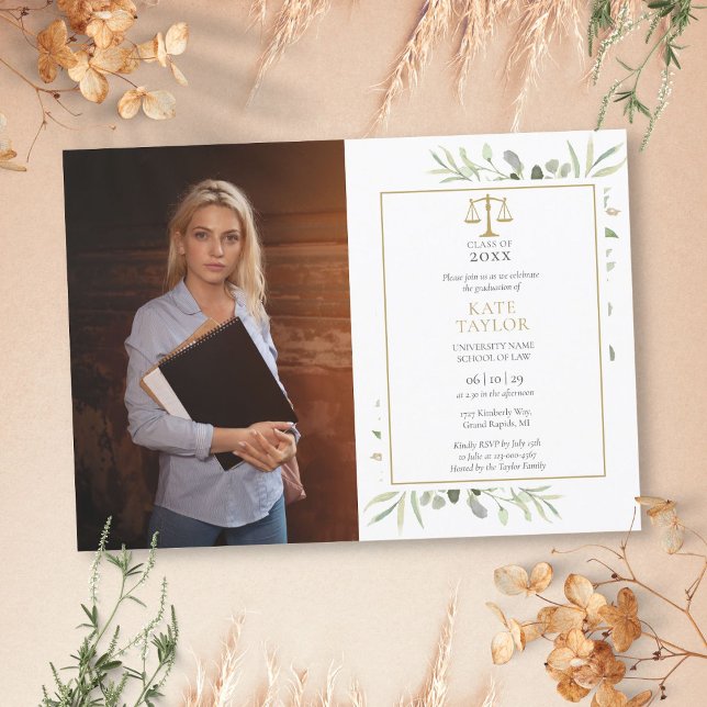 Elegant Greenery Law School Graduation Photo Invitation (Elegant Greenery Law School Graduation Photo Invitation)