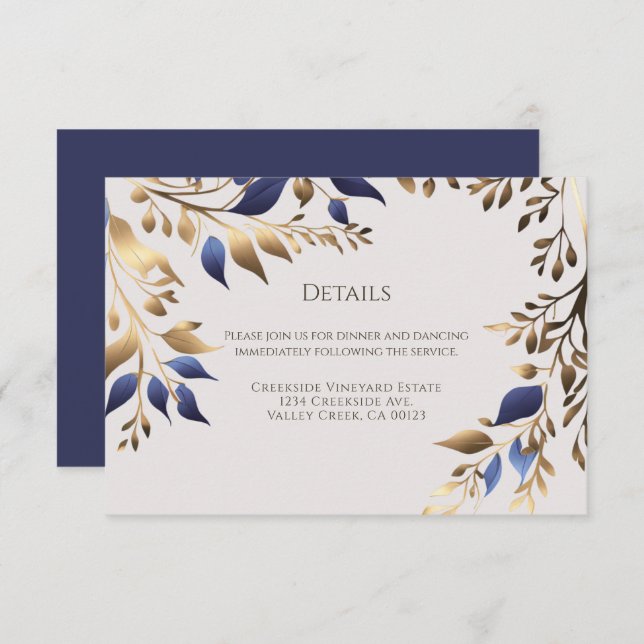 Elegant Greenery Leaf Blue Gold Wedding Enclosure Card (Front/Back)