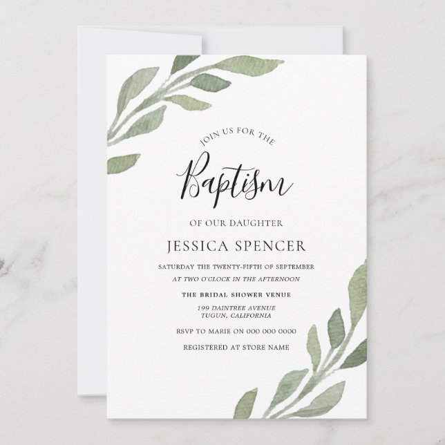 Elegant Greenery Leaf Boy or Girl Baptism Invite (Front)
