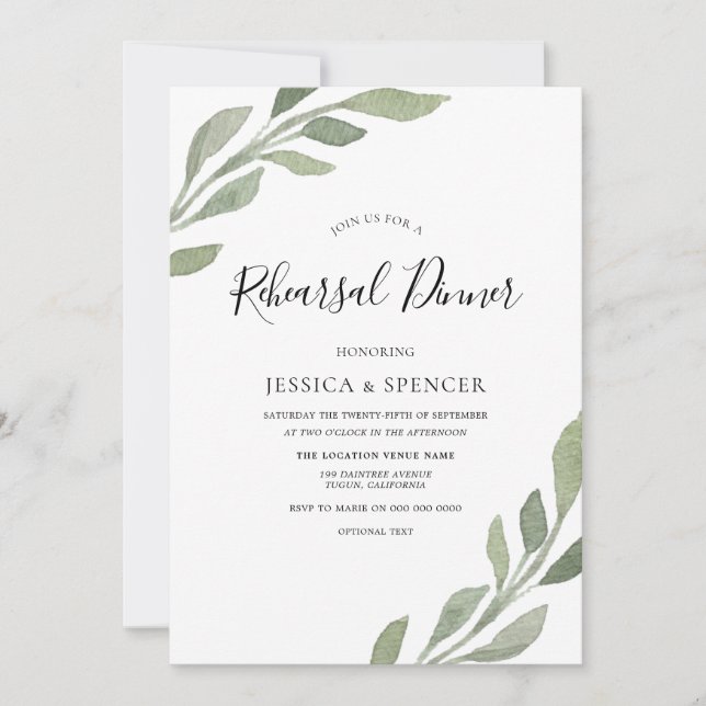 Elegant Greenery Leaf Rehearsal Dinner Invite (Front)