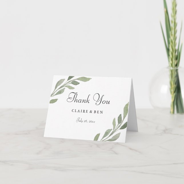 Elegant Greenery Leaf Wedding Thank You Card (Front)