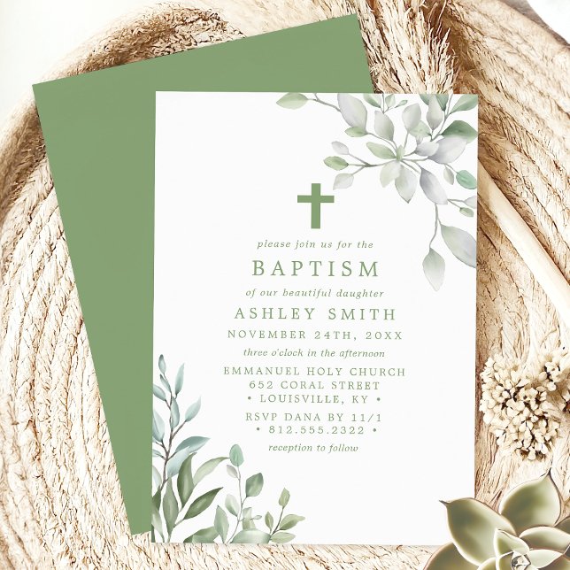 Elegant Greenery Leaves and Cross Baptism Invitation (Creator Uploaded)