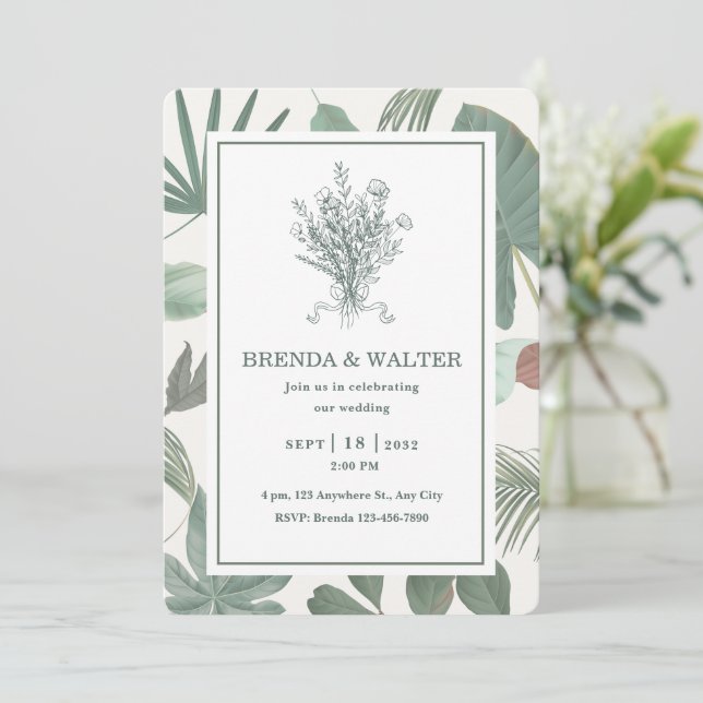 Elegant Greenery Leaves Botanical Sketch  Invitation (Standing Front)
