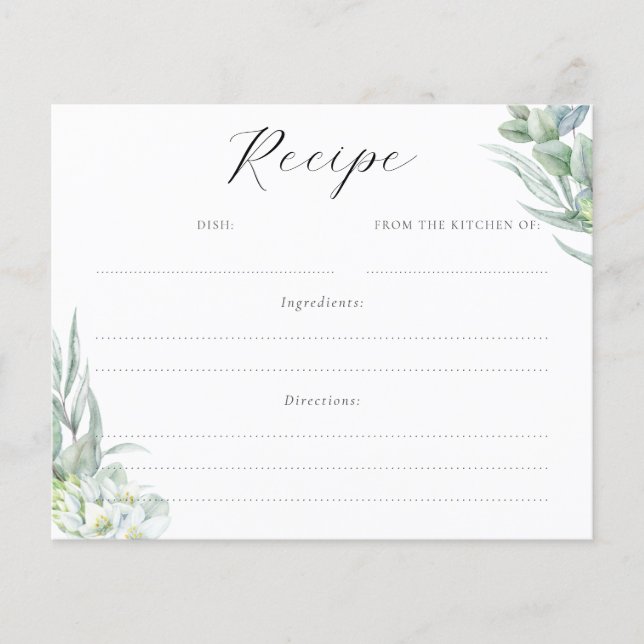 Elegant Greenery Leaves Bridal Shower Recipe Card (Front)