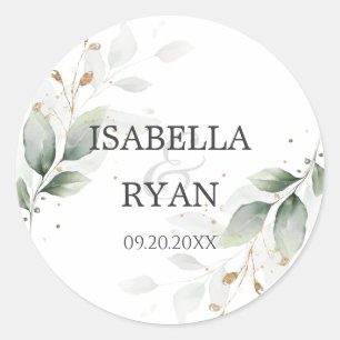 ELEGANT Greenery Leaves Gold Wedding Invitation Cl Classic Round Sticker