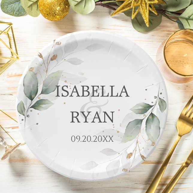ELEGANT Greenery Leaves Gold Wedding Paper Plate (Creator Uploaded)