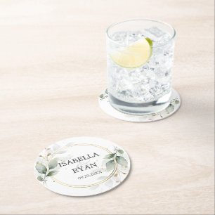 ELEGANT Greenery Leaves Gold Wedding Round Paper Coaster