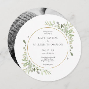 Elegant Greenery Leaves Photo Wedding Circular Invitation