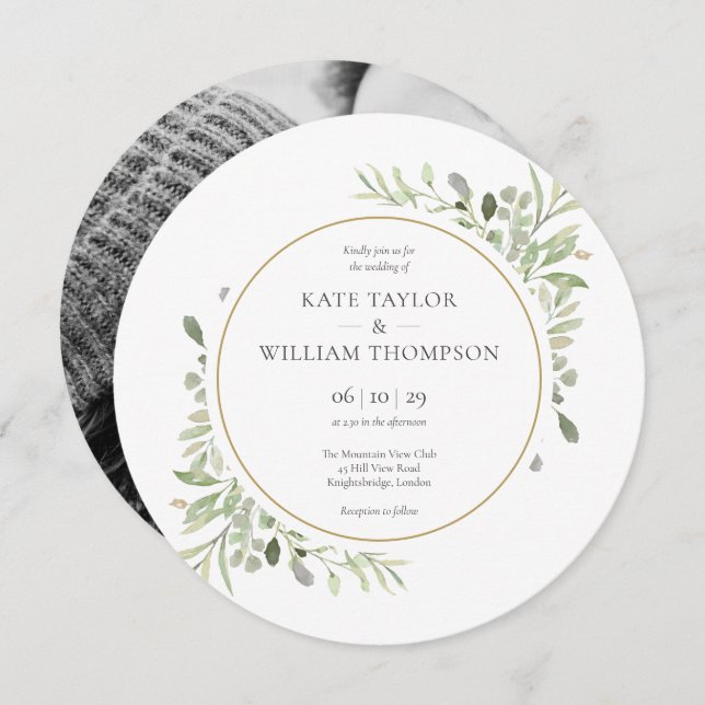 Elegant Greenery Leaves Photo Wedding Circular Invitation (Front/Back)