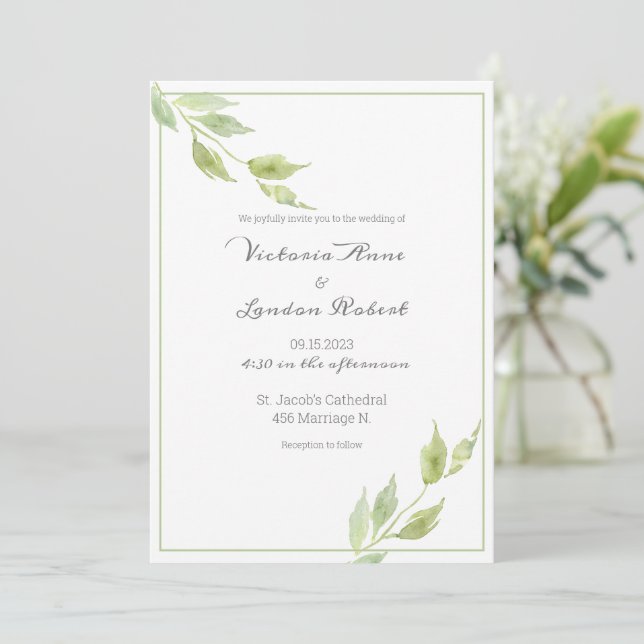 Elegant Greenery Leaves Watercolor Wedding Invitation (Standing Front)