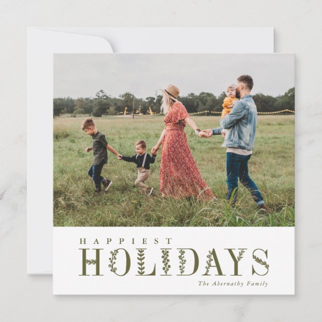 Elegant Greenery Lettering Happiest Olive | Photo Holiday Card (Front)
