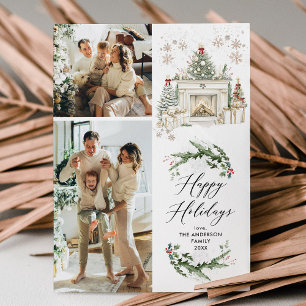 Elegant Greenery Mantel Happy Holidays 2 Photo Holiday Card