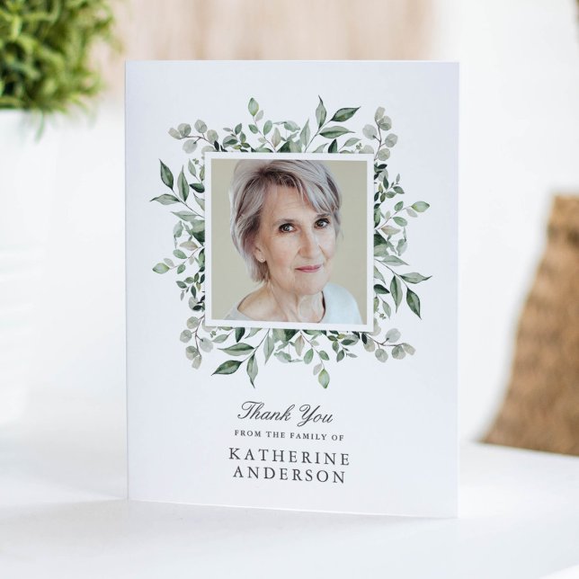 Elegant Greenery Memorial Photo Thank You Card  (Creator Uploaded)