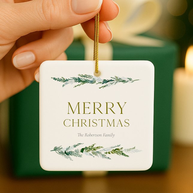 Elegant Greenery Merry Christmas Ceramic Ornament (Creator Uploaded)