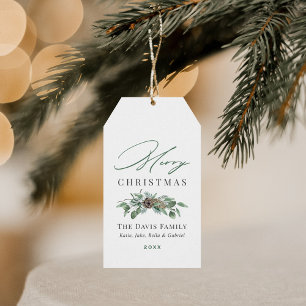 Elegant Greenery Merry Christmas Family Name Gift Tags
