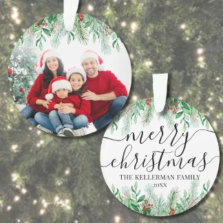 Elegant Greenery Merry Christmas Family Photo Ornament