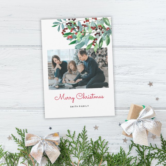 Elegant Greenery Merry Christmas Photo Card (Creator Uploaded)