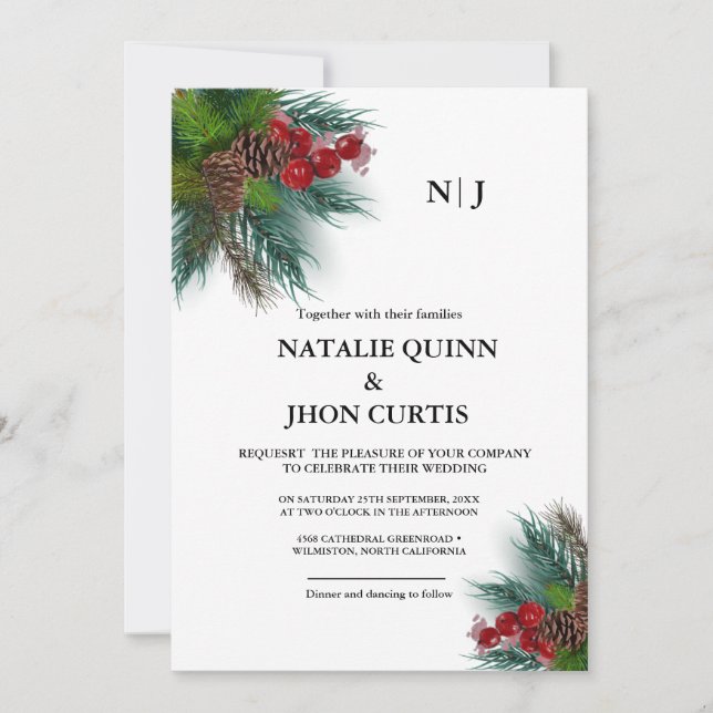 Elegant Greenery  Monogram christmas wedding Invitation (Front)