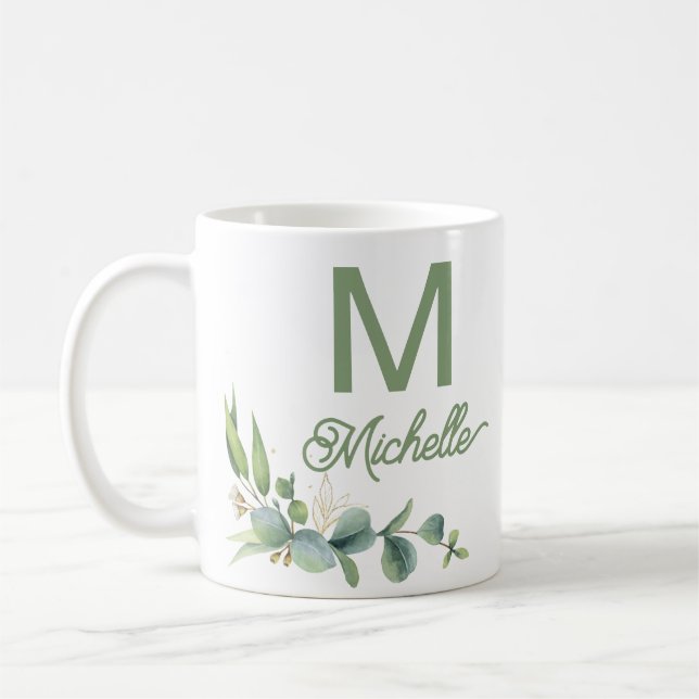 Elegant Greenery Monogram Custom Name and Initial Coffee Mug (Left)